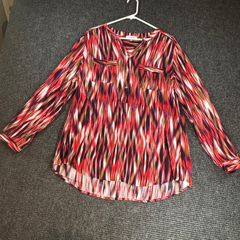 Calvin Klein Womens Red Abstract Ikat Print Roll‎ Tab Sleeve Blouse Large